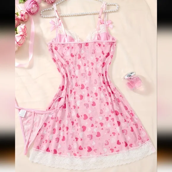 2pc Semi-Sheer Mesh Multi Pink Heart Patterned Chemise-G-string Lingerie Set (M) - Picture 2 of 10